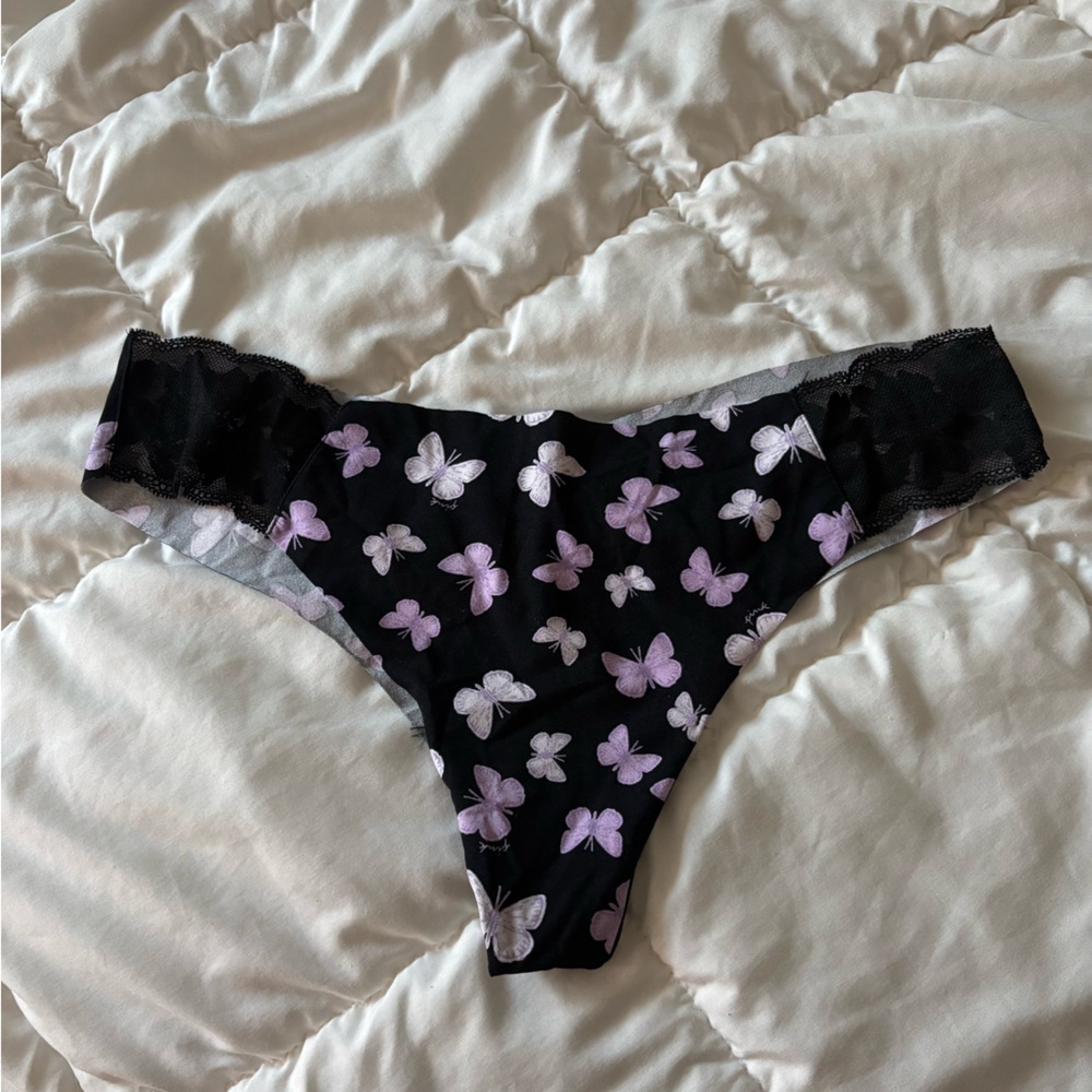 NWT PINK Victoria's Secret Black Thong with Purple Butterfly Print